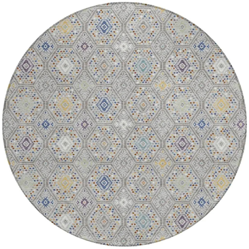 8' Silver And Brown Round Geometric Washable Indoor Outdoor Area Rug Homeroots Outdoor