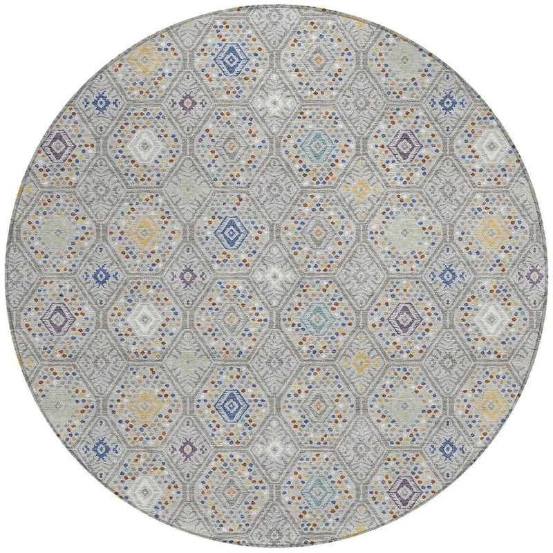 8' Silver And Brown Round Geometric Washable Indoor Outdoor Area Rug Homeroots Outdoor