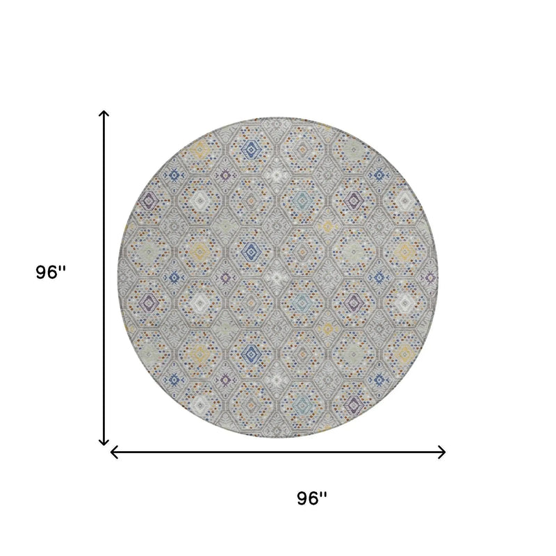 8' Silver And Brown Round Geometric Washable Indoor Outdoor Area Rug Homeroots Outdoor