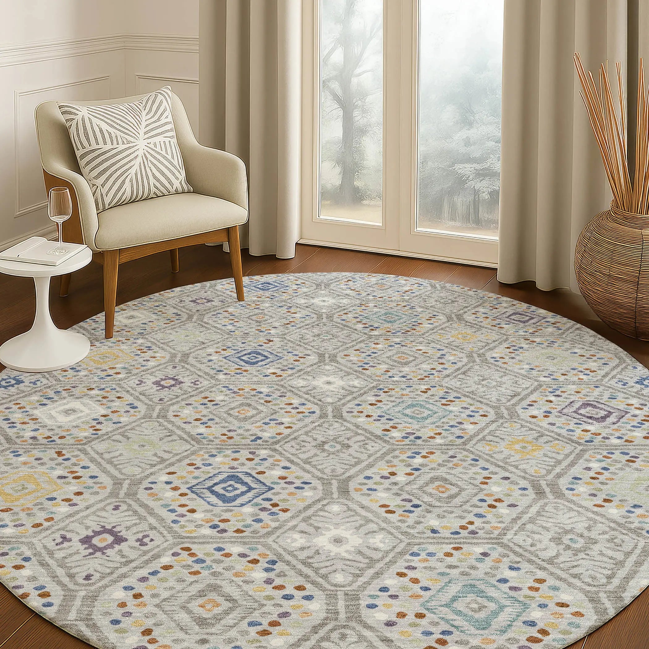 8' Silver And Brown Round Geometric Washable Indoor Outdoor Area Rug Homeroots Outdoor
