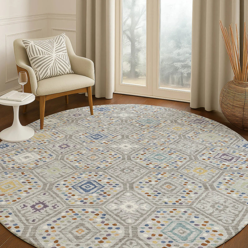 8' Silver And Brown Round Geometric Washable Indoor Outdoor Area Rug Homeroots Outdoor