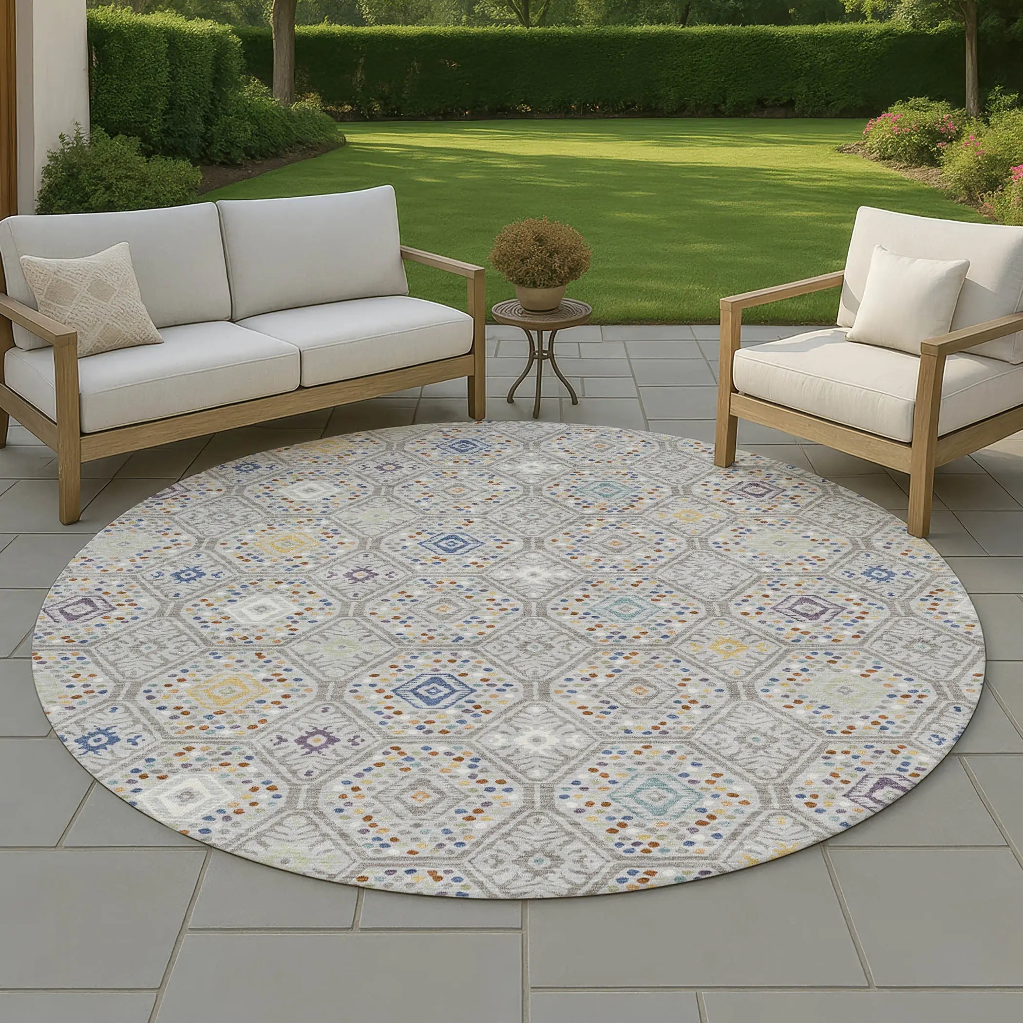 8' Silver And Brown Round Geometric Washable Indoor Outdoor Area Rug Homeroots Outdoor