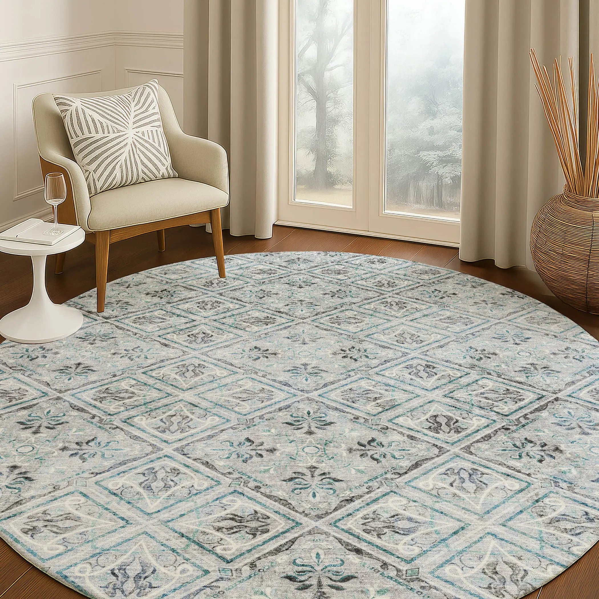 8' Silver And Brown Round Geometric Washable Indoor Outdoor Area Rug Homeroots Outdoor