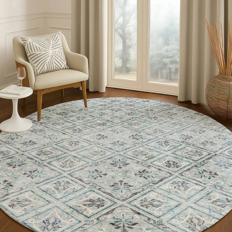 8' Silver And Brown Round Geometric Washable Indoor Outdoor Area Rug Homeroots Outdoor