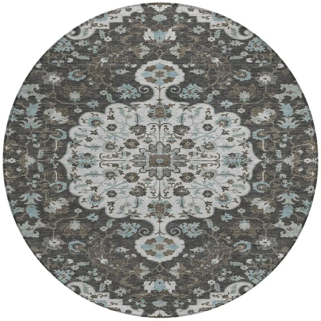 8' Silver And Charcoal Round Floral Medallion Washable Indoor Outdoor Area Rug Homeroots Outdoor