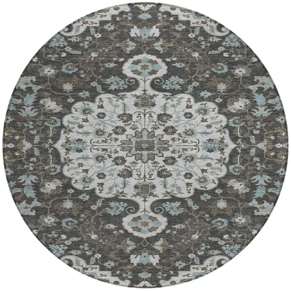 8' Silver And Charcoal Round Floral Medallion Washable Indoor Outdoor Area Rug Homeroots Outdoor