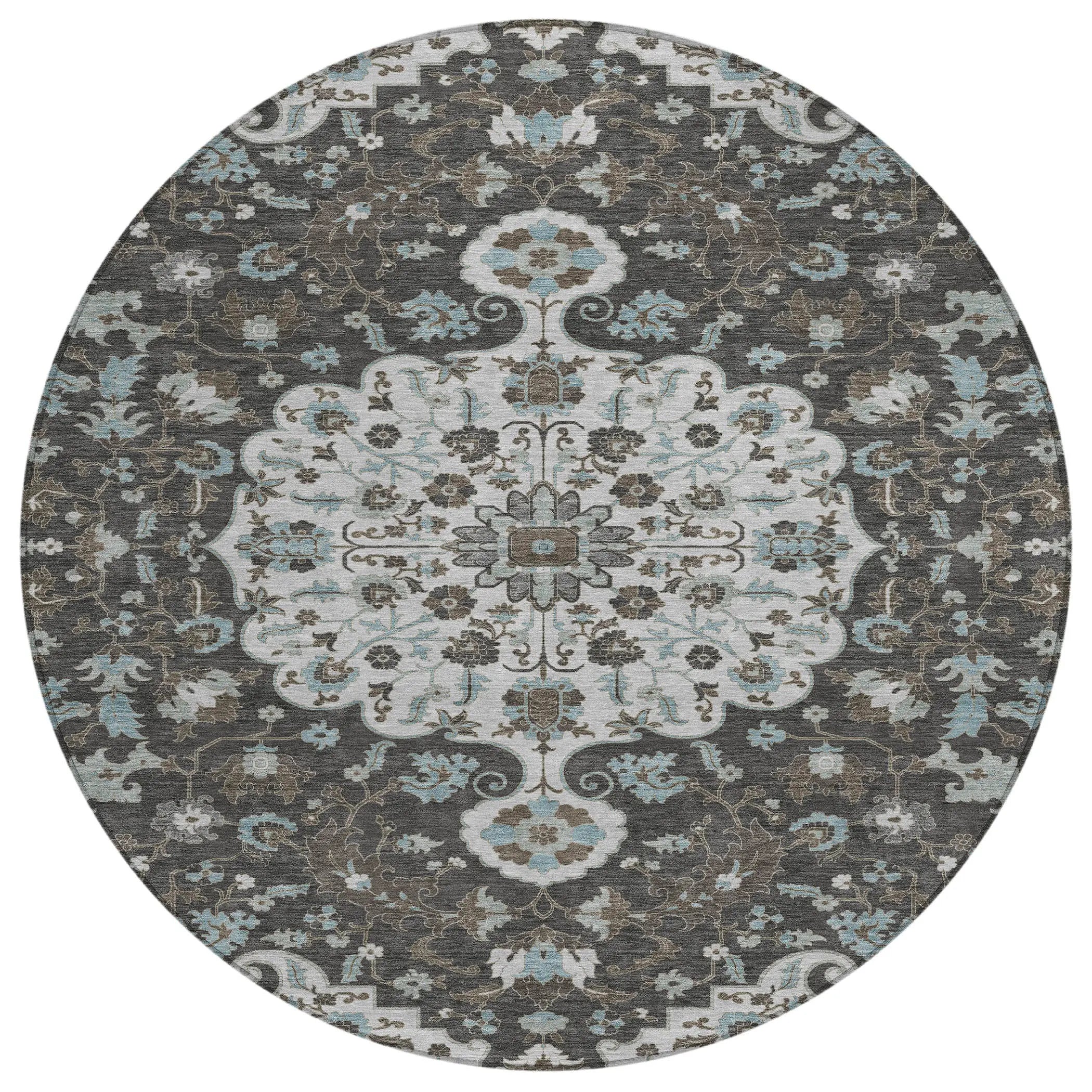 8' Silver And Charcoal Round Floral Medallion Washable Indoor Outdoor Area Rug Homeroots Outdoor