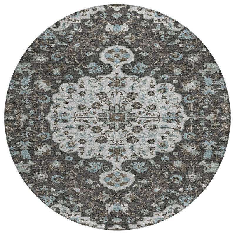 8' Silver And Charcoal Round Floral Medallion Washable Indoor Outdoor Area Rug Homeroots Outdoor