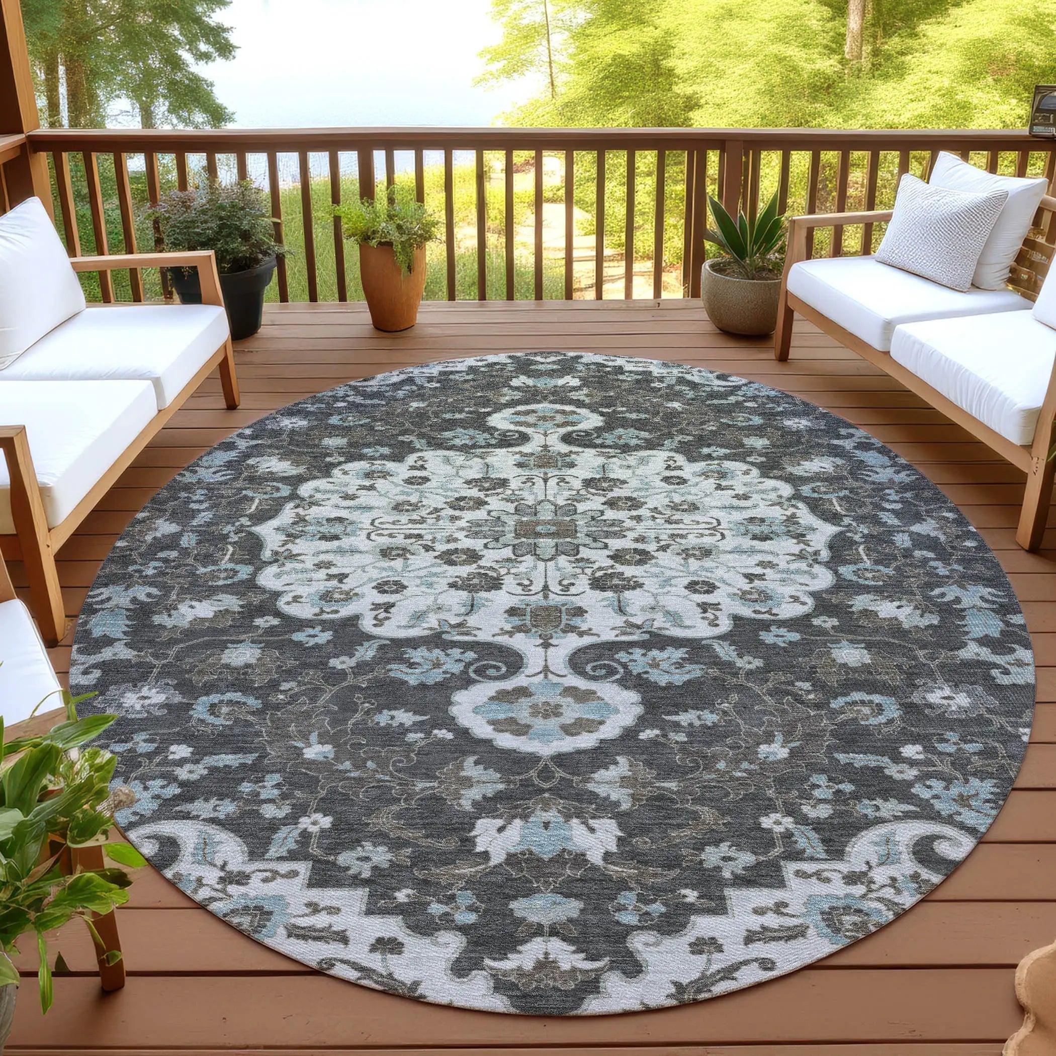 8' Silver And Charcoal Round Floral Medallion Washable Indoor Outdoor Area Rug Homeroots Outdoor