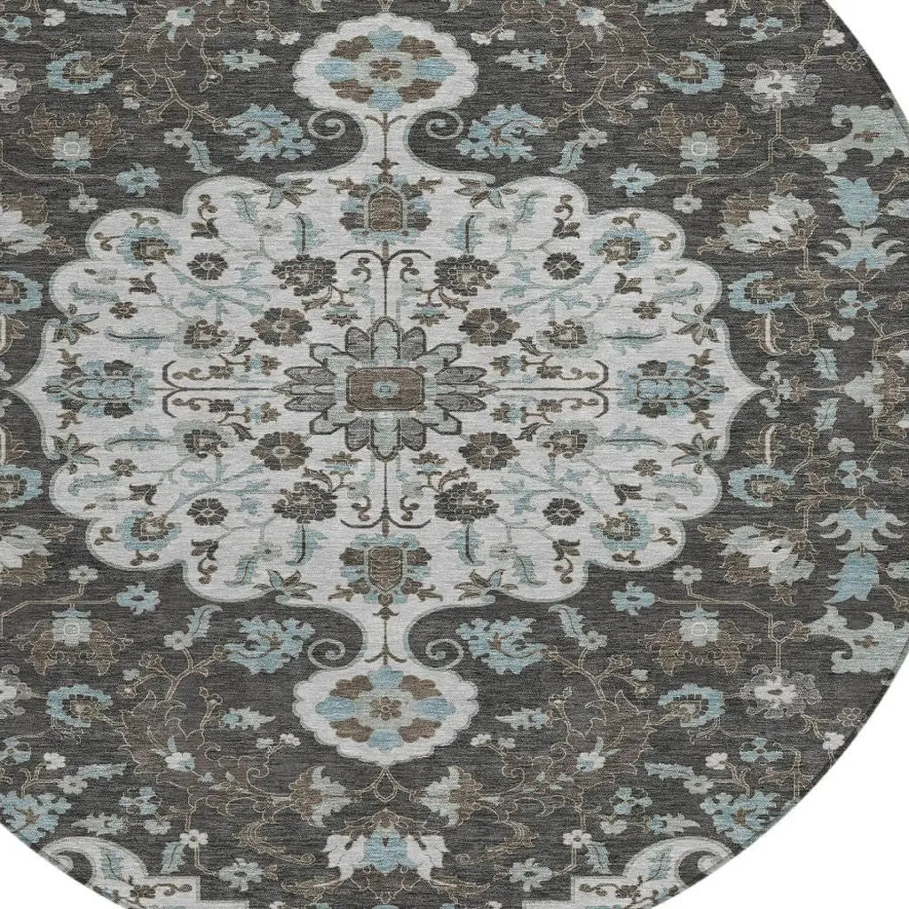 8' Silver And Charcoal Round Floral Medallion Washable Indoor Outdoor Area Rug Homeroots Outdoor