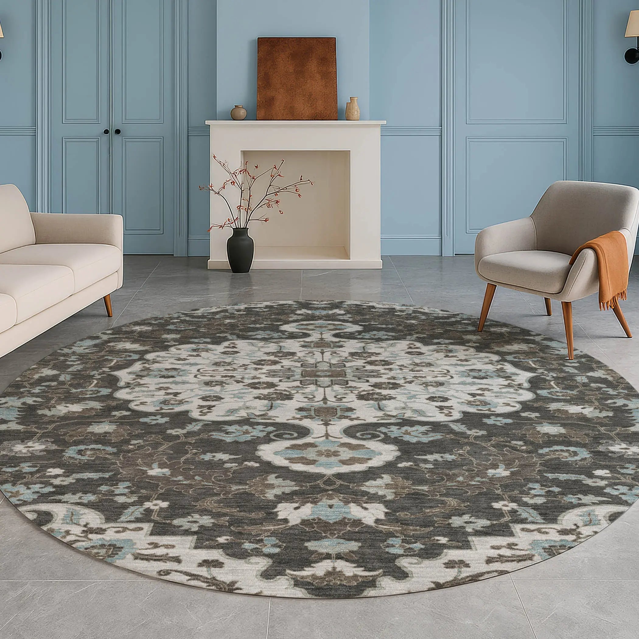 8' Silver And Charcoal Round Floral Medallion Washable Indoor Outdoor Area Rug Homeroots Outdoor