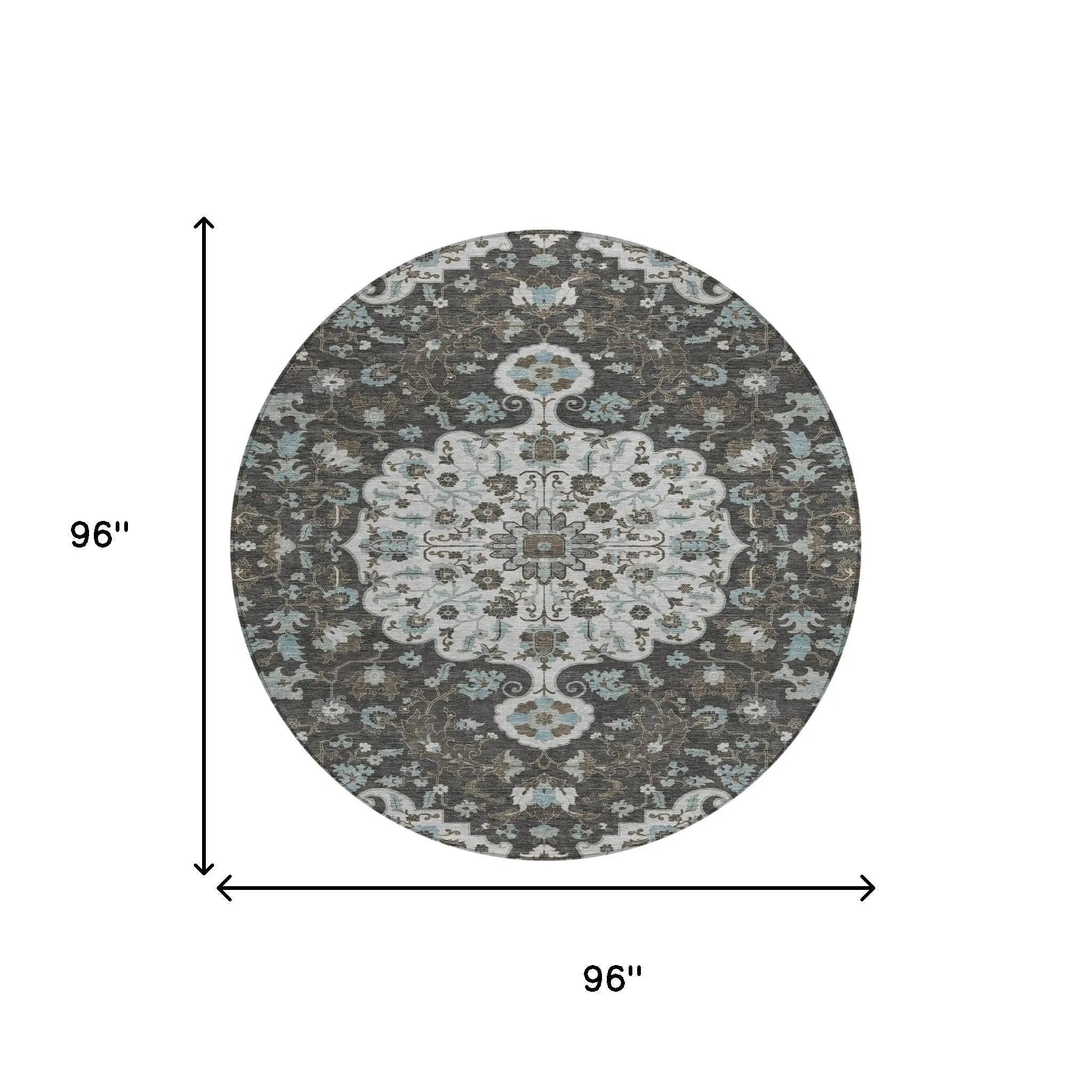 8' Silver And Charcoal Round Floral Medallion Washable Indoor Outdoor Area Rug Homeroots Outdoor