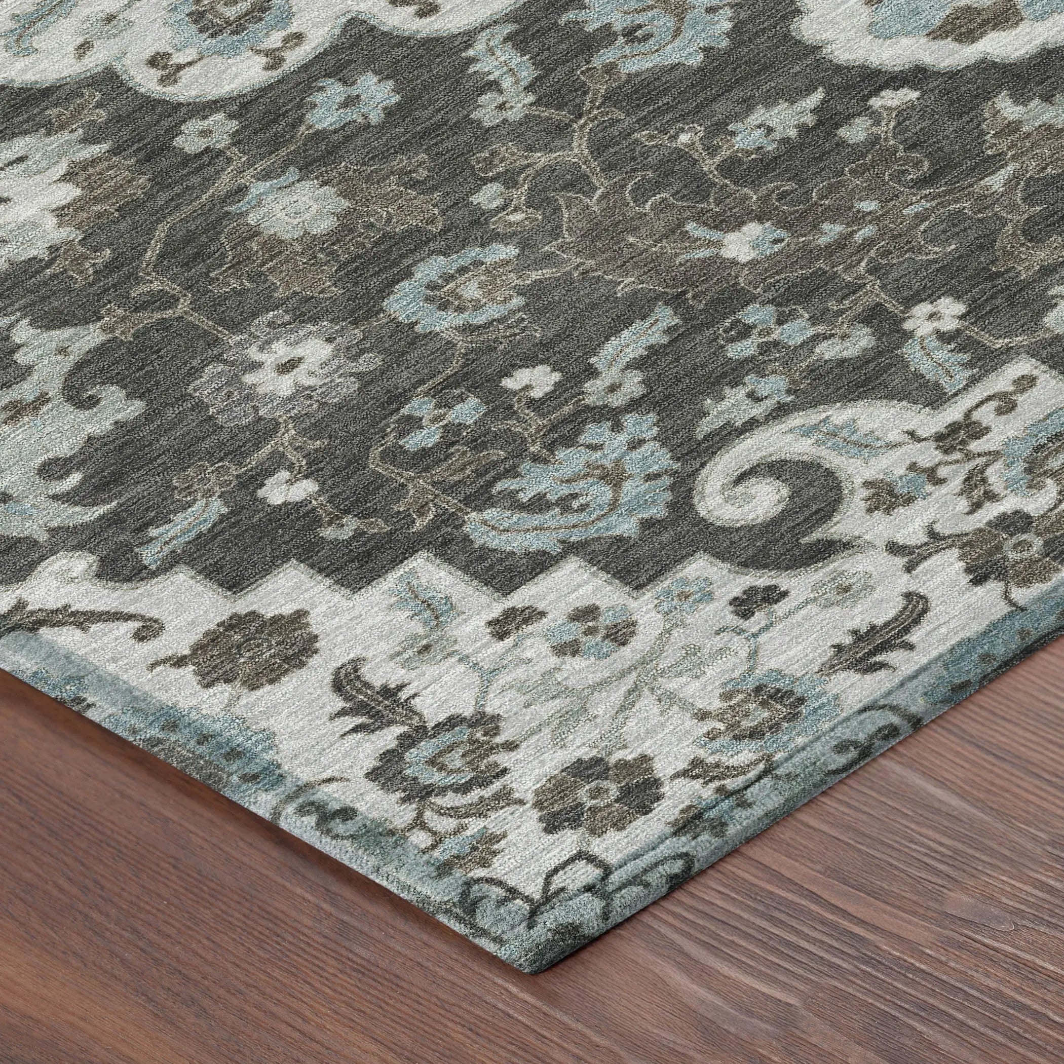 8' Silver And Charcoal Round Floral Medallion Washable Indoor Outdoor Area Rug Homeroots Outdoor