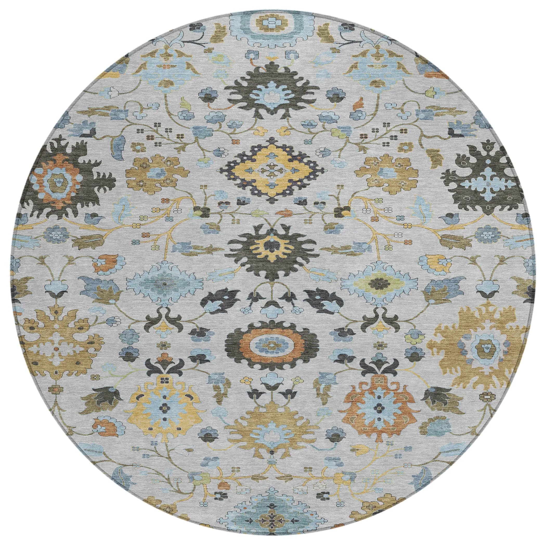 8' Silver And Charcoal Round Floral Medallion Washable Indoor Outdoor Area Rug Homeroots Outdoor