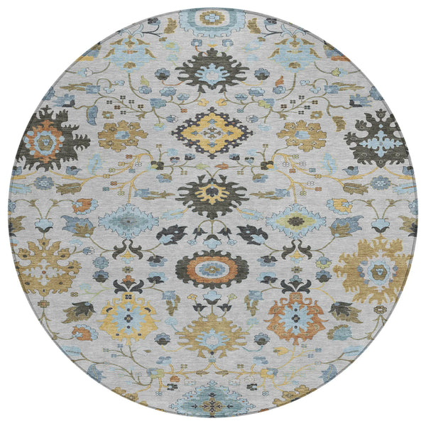 8' Silver And Charcoal Round Floral Medallion Washable Indoor Outdoor Area Rug Homeroots Outdoor
