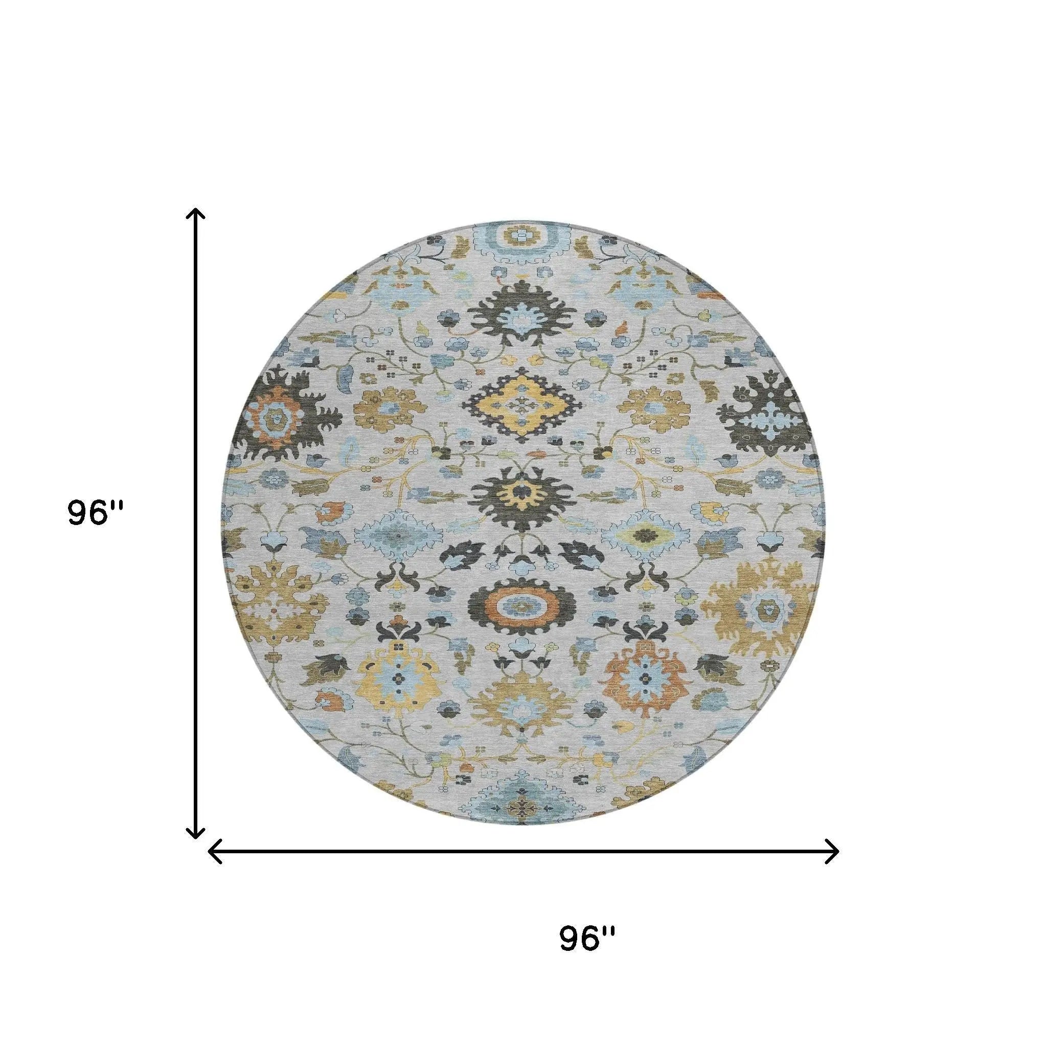 8' Silver And Charcoal Round Floral Medallion Washable Indoor Outdoor Area Rug Homeroots Outdoor