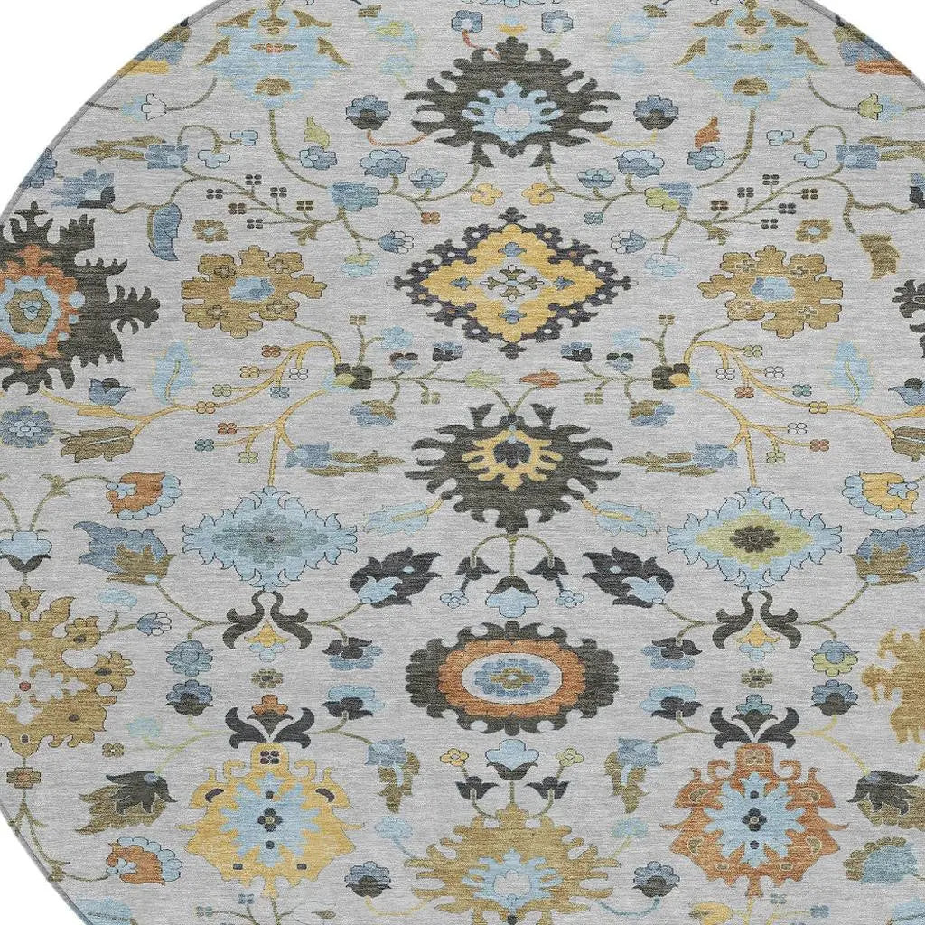 8' Silver And Charcoal Round Floral Medallion Washable Indoor Outdoor Area Rug Homeroots Outdoor