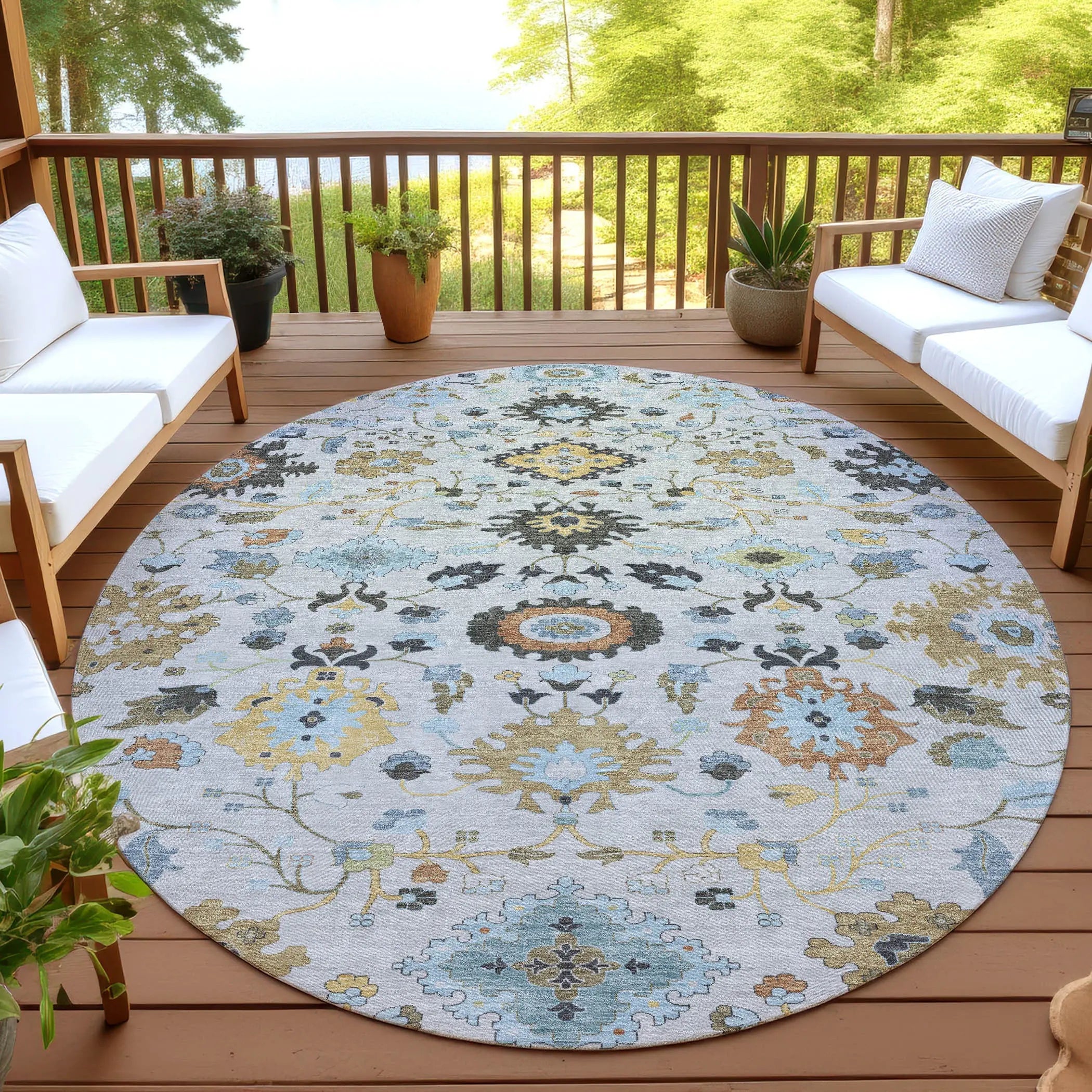 8' Silver And Charcoal Round Floral Medallion Washable Indoor Outdoor Area Rug Homeroots Outdoor