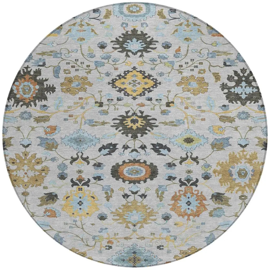 8' Silver And Charcoal Round Floral Medallion Washable Indoor Outdoor Area Rug Homeroots Outdoor