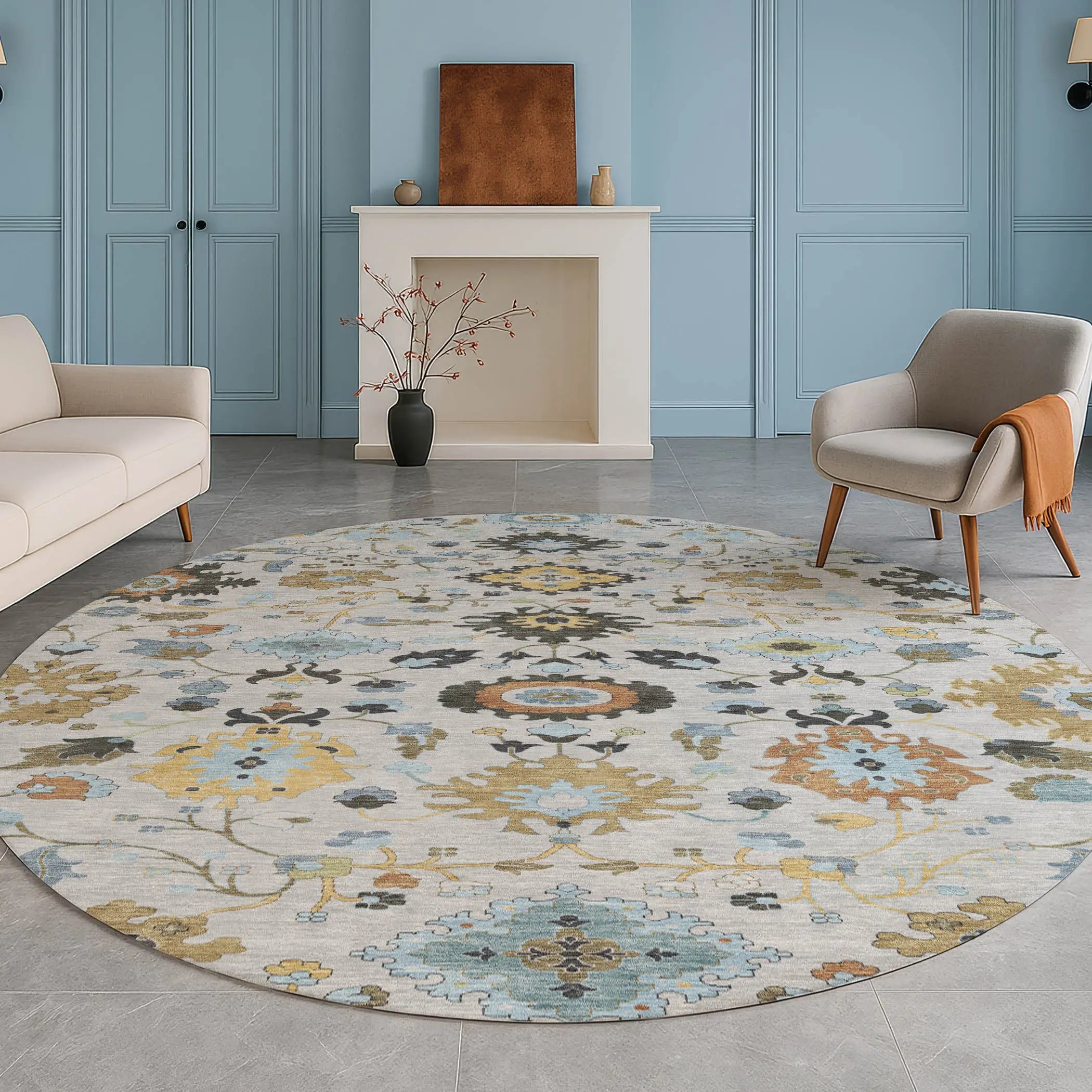 8' Silver And Charcoal Round Floral Medallion Washable Indoor Outdoor Area Rug Homeroots Outdoor