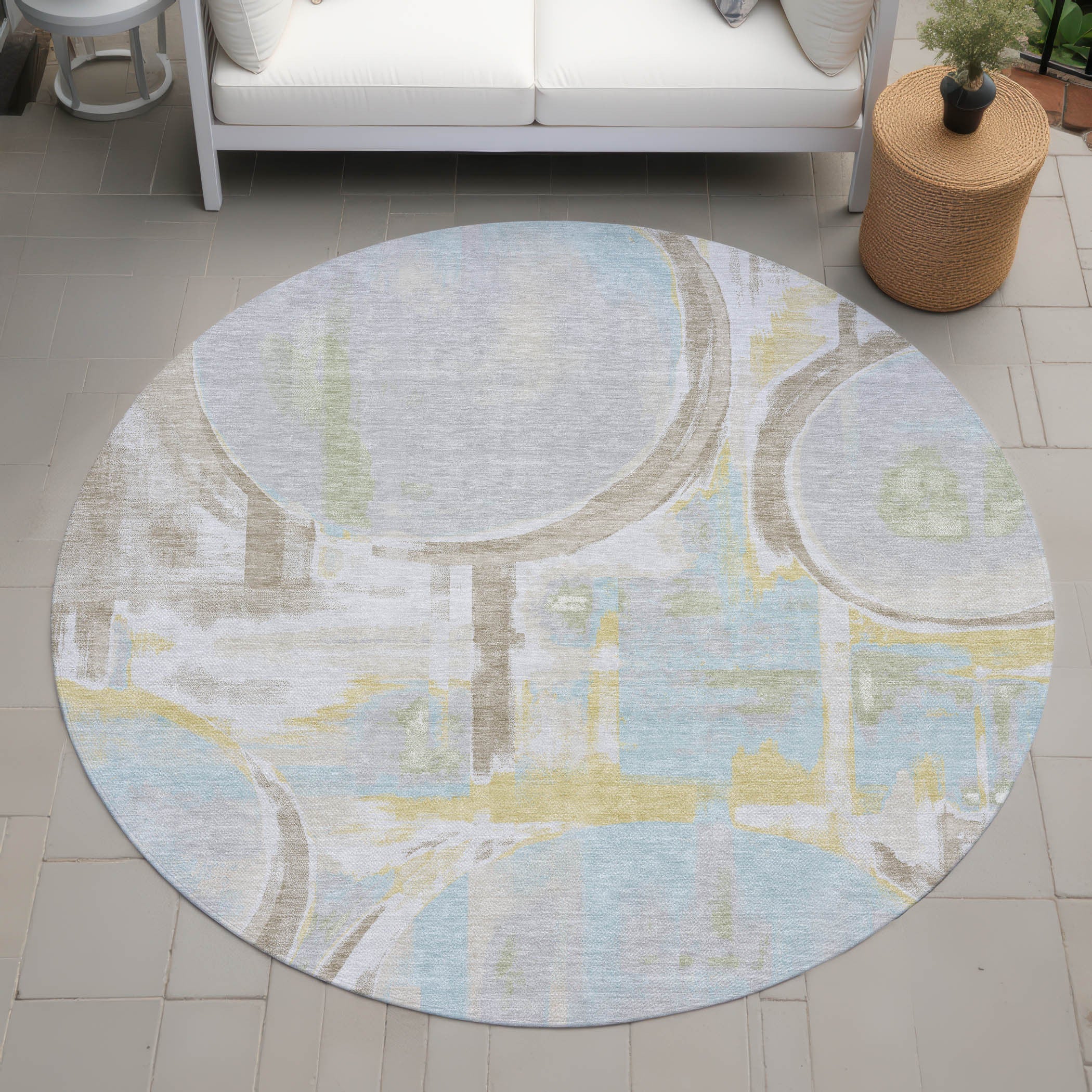 8' Silver And Gray Round Abstract Washable Indoor Outdoor Area Rug Homeroots Outdoor