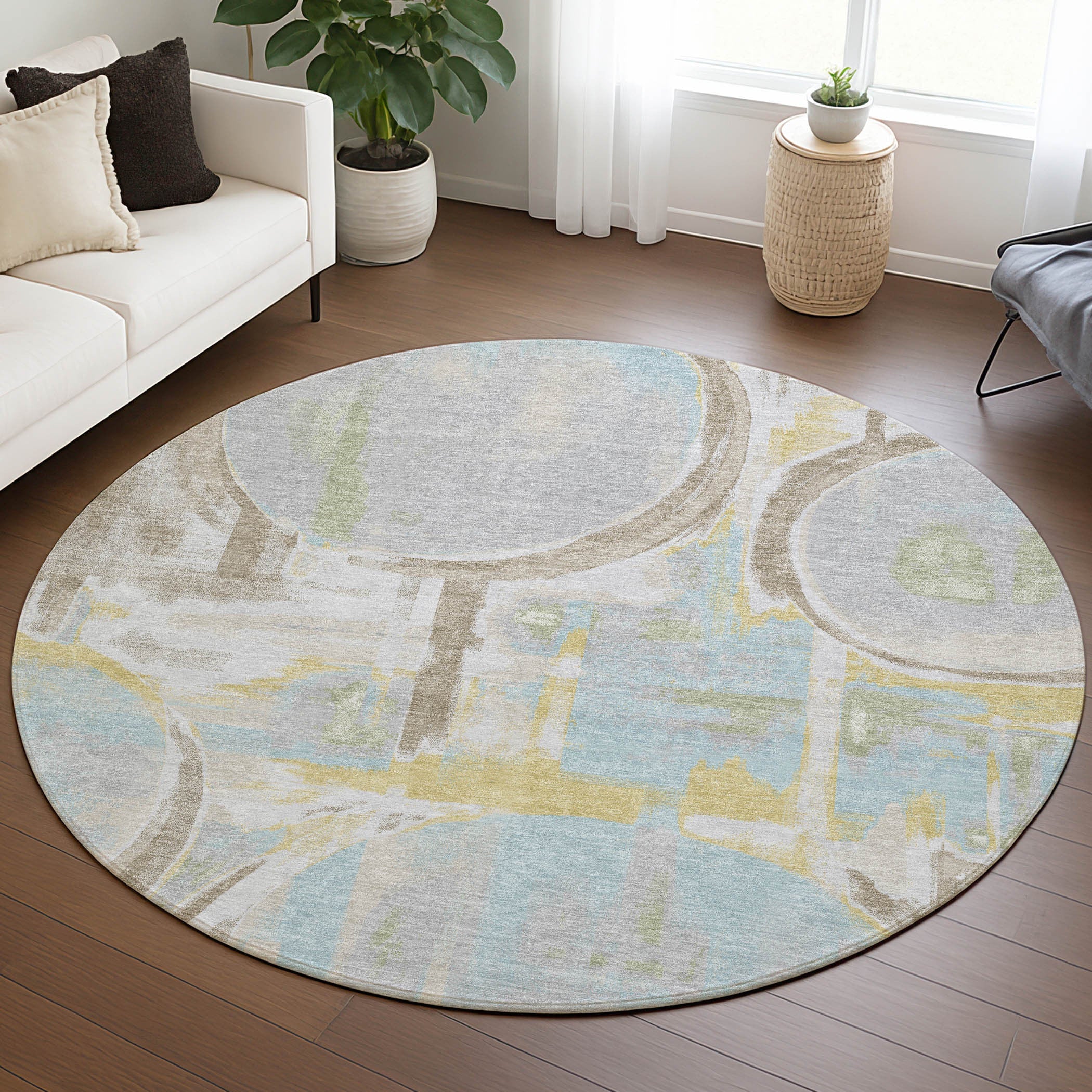 8' Silver And Gray Round Abstract Washable Indoor Outdoor Area Rug Homeroots Outdoor