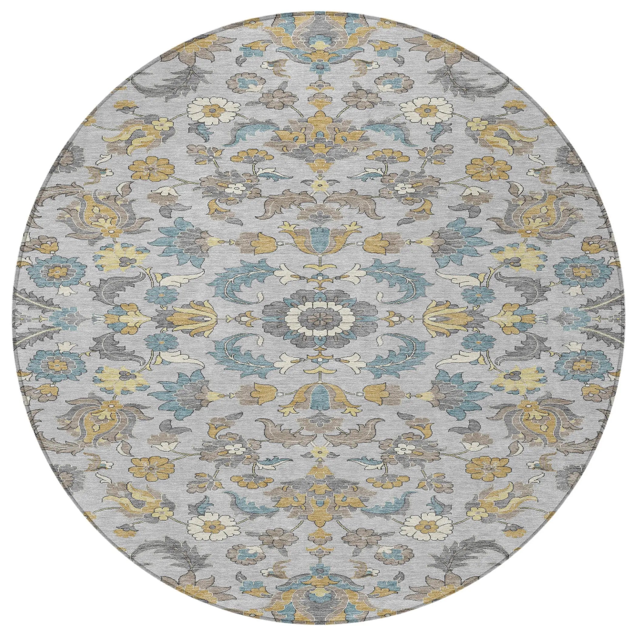 8' Silver And Gray Round Floral Medallion Washable Indoor Outdoor Area Rug Homeroots Outdoor