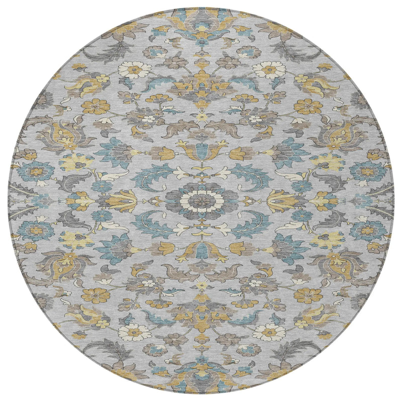 8' Silver And Gray Round Floral Medallion Washable Indoor Outdoor Area Rug Homeroots Outdoor
