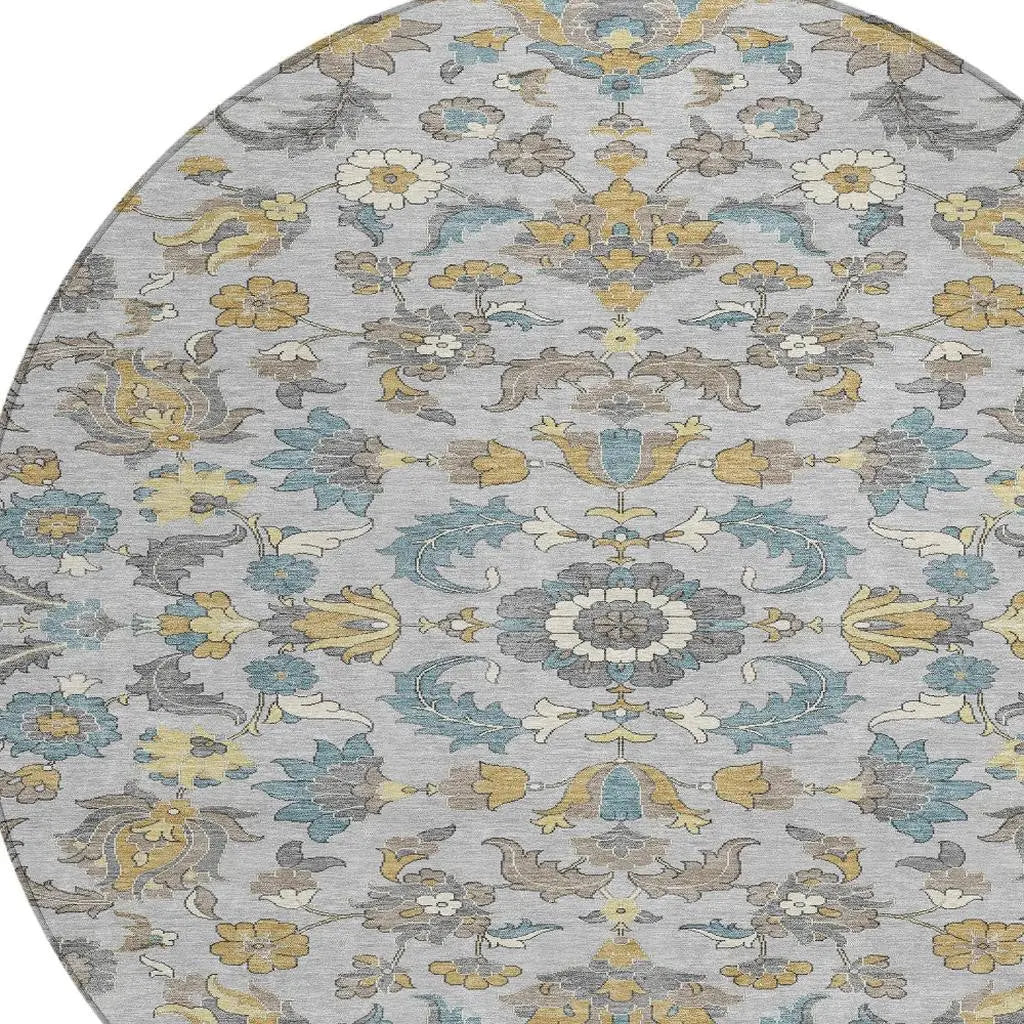 8' Silver And Gray Round Floral Medallion Washable Indoor Outdoor Area Rug Homeroots Outdoor