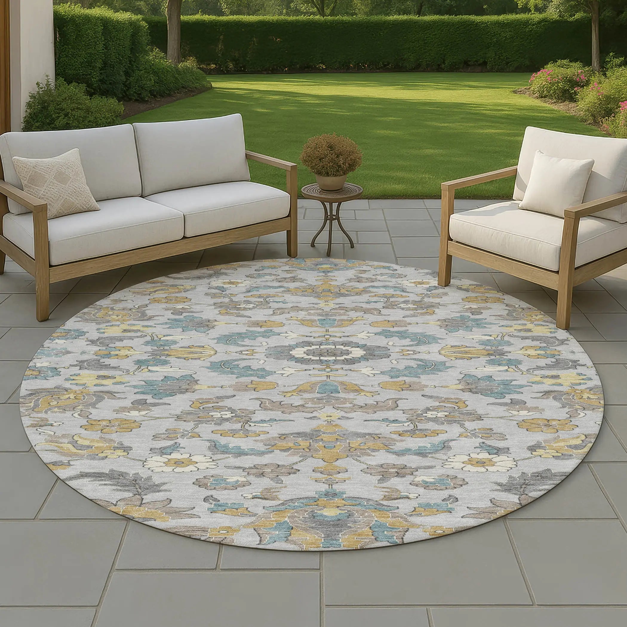 8' Silver And Gray Round Floral Medallion Washable Indoor Outdoor Area Rug Homeroots Outdoor