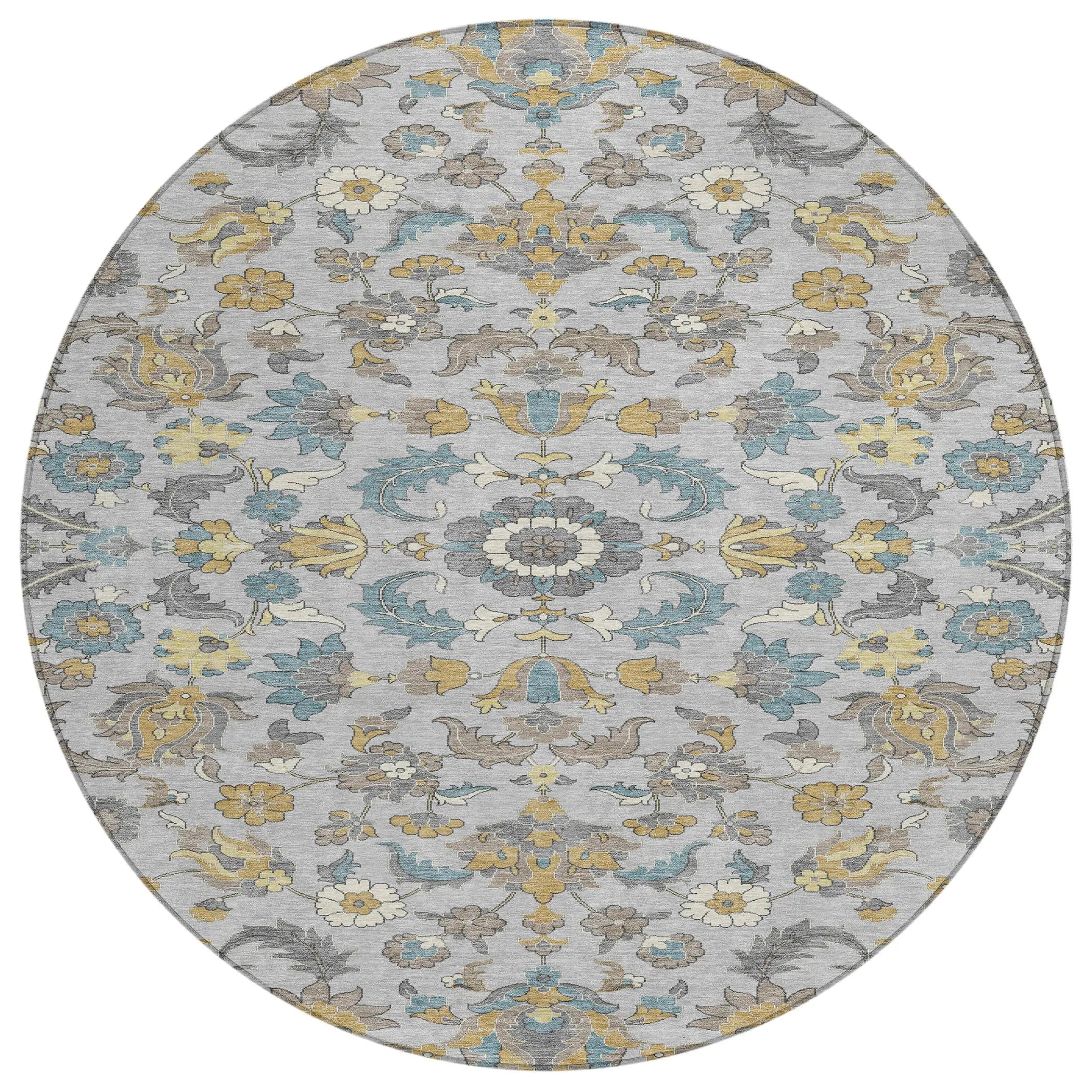 8' Silver And Gray Round Floral Medallion Washable Indoor Outdoor Area Rug Homeroots Outdoor