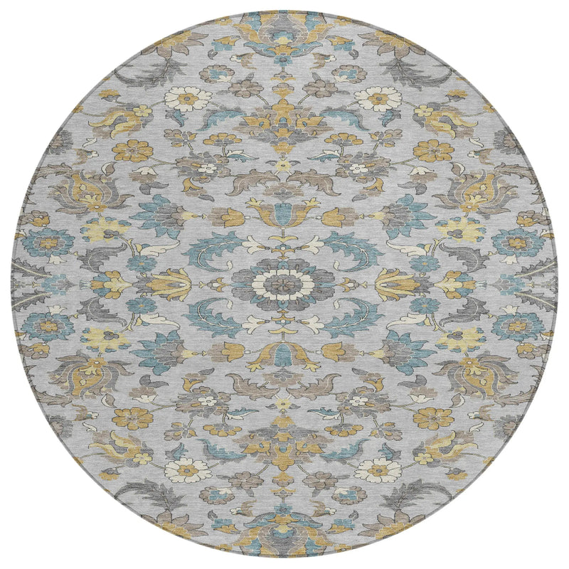 8' Silver And Gray Round Floral Medallion Washable Indoor Outdoor Area Rug Homeroots Outdoor