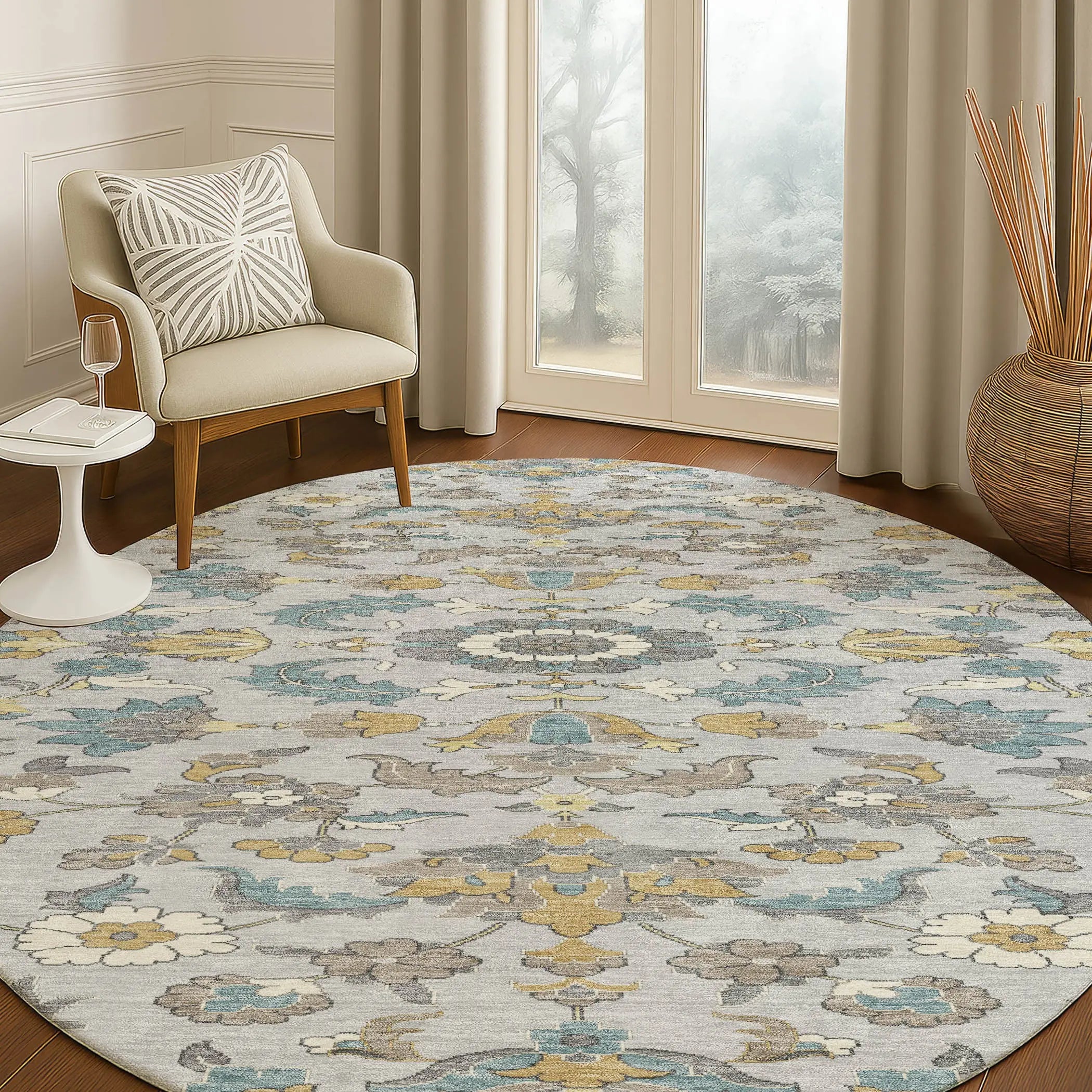 8' Silver And Gray Round Floral Medallion Washable Indoor Outdoor Area Rug Homeroots Outdoor