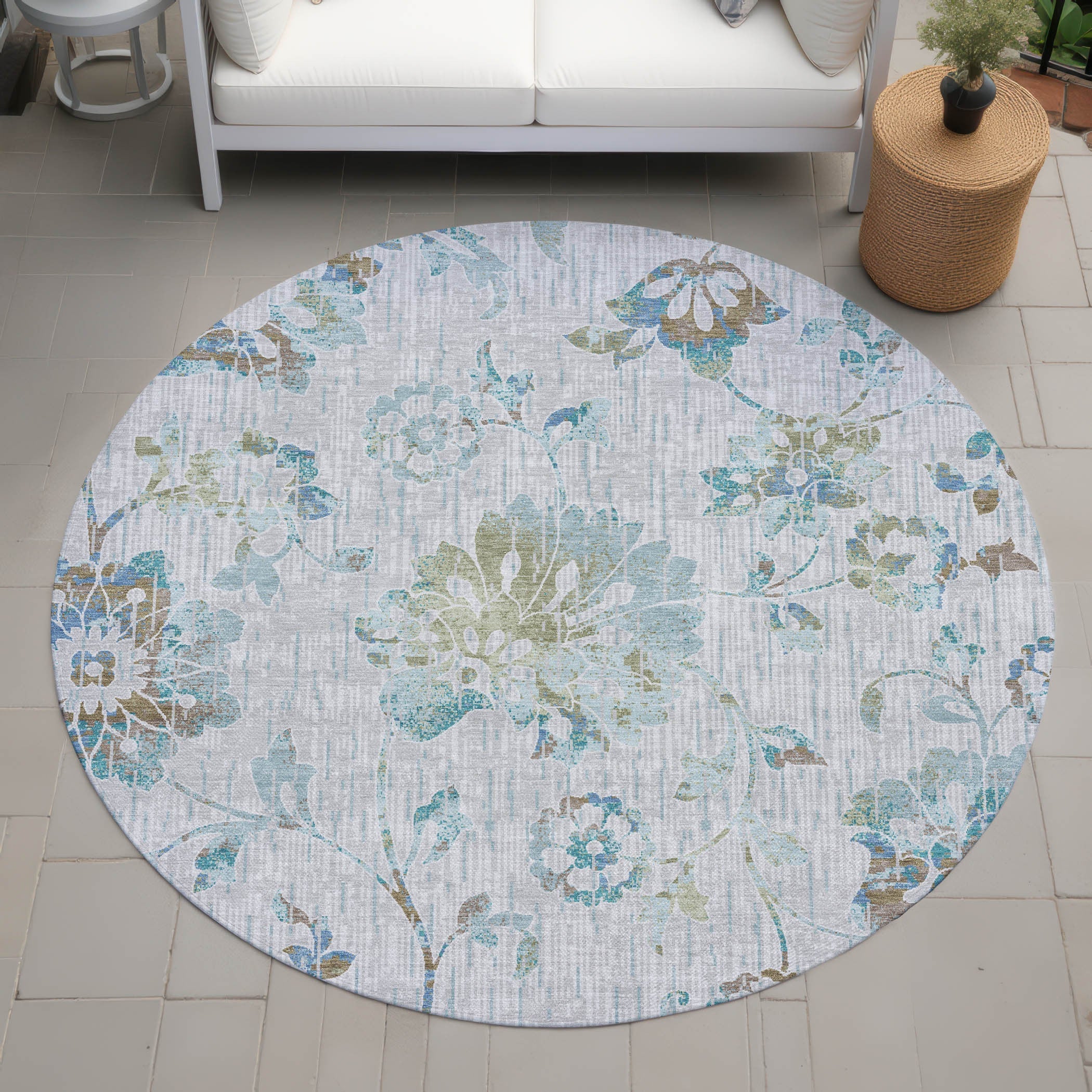 8' Silver And Gray Round Floral Washable Indoor Outdoor Area Rug Homeroots Outdoor