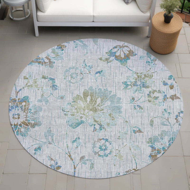 8' Silver And Gray Round Floral Washable Indoor Outdoor Area Rug Homeroots Outdoor