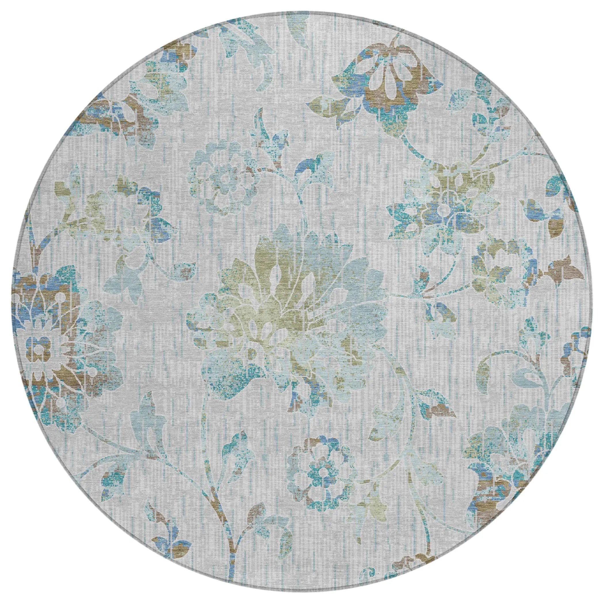 8' Silver And Gray Round Floral Washable Indoor Outdoor Area Rug Homeroots Outdoor