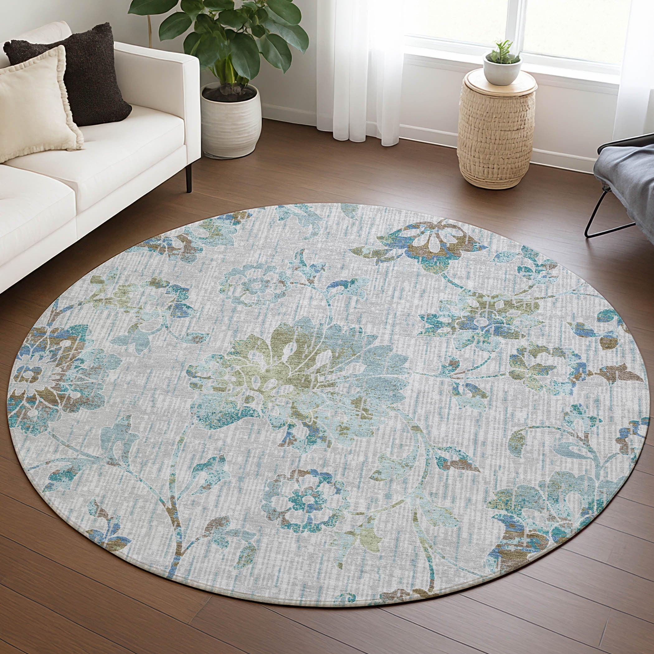8' Silver And Gray Round Floral Washable Indoor Outdoor Area Rug Homeroots Outdoor
