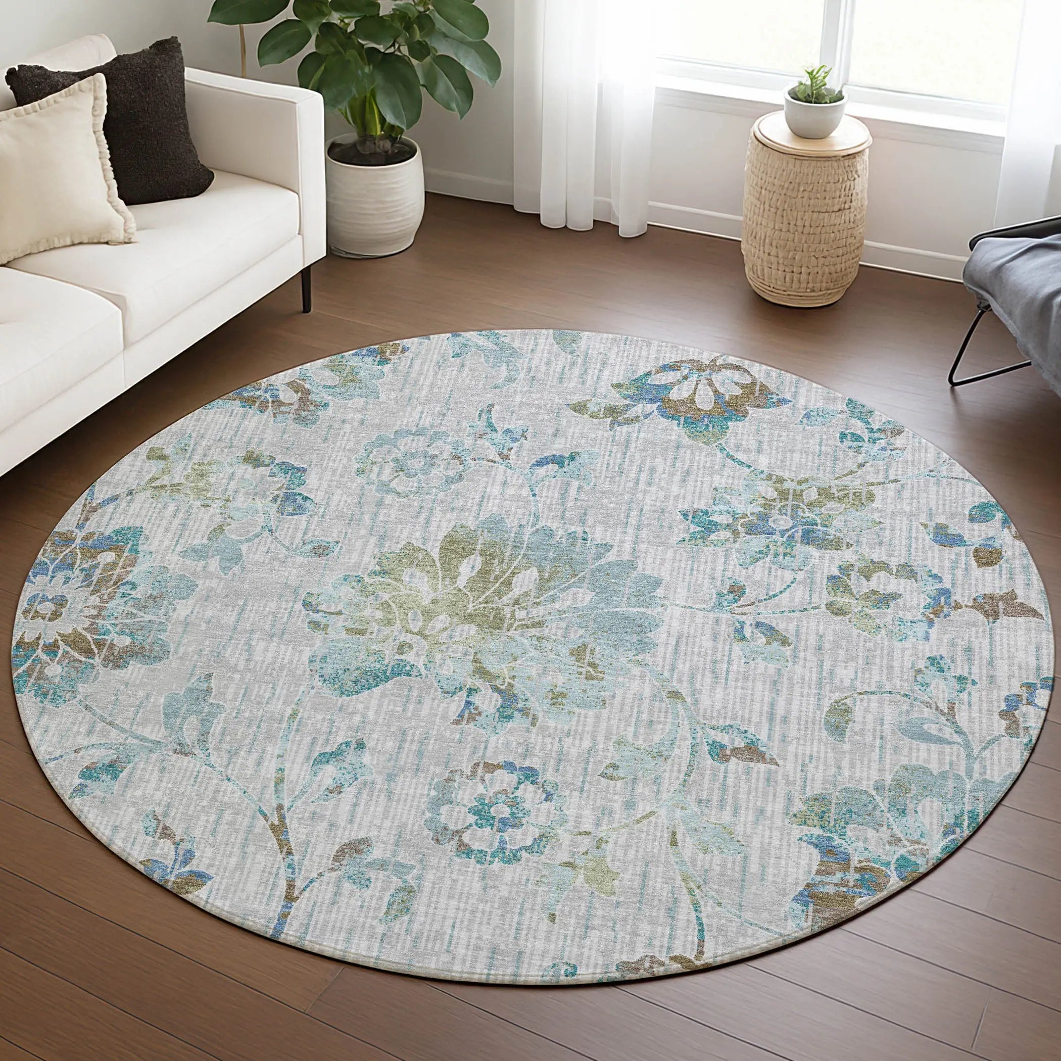 8' Silver And Gray Round Floral Washable Indoor Outdoor Area Rug Homeroots Outdoor