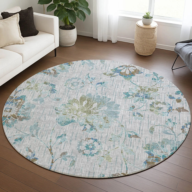 8' Silver And Gray Round Floral Washable Indoor Outdoor Area Rug Homeroots Outdoor