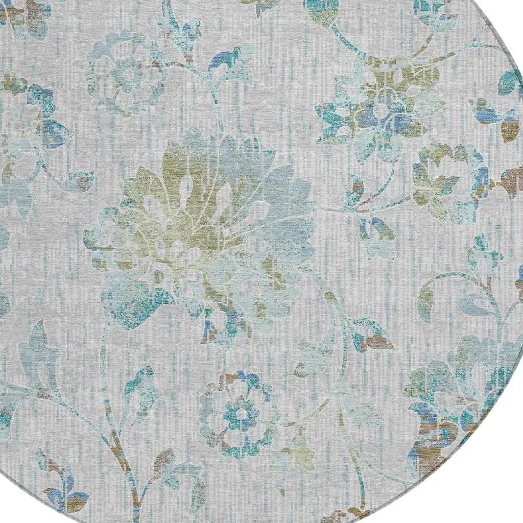 8' Silver And Gray Round Floral Washable Indoor Outdoor Area Rug Homeroots Outdoor