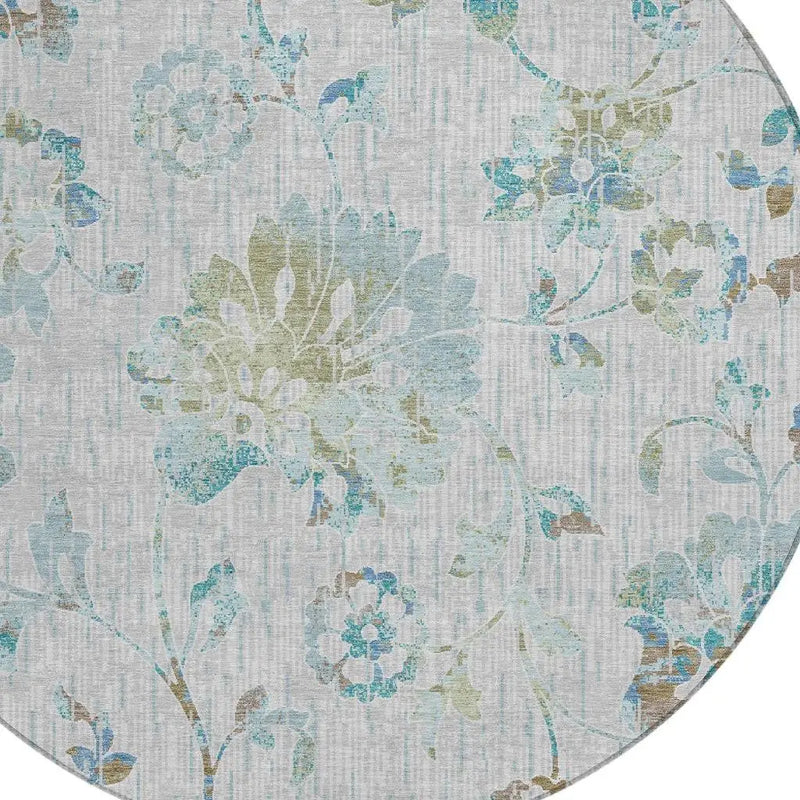 8' Silver And Gray Round Floral Washable Indoor Outdoor Area Rug Homeroots Outdoor