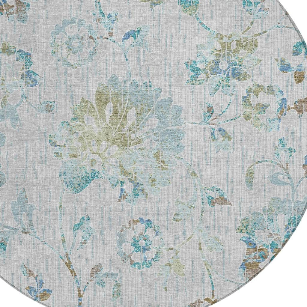 8' Silver And Gray Round Floral Washable Indoor Outdoor Area Rug Homeroots Outdoor
