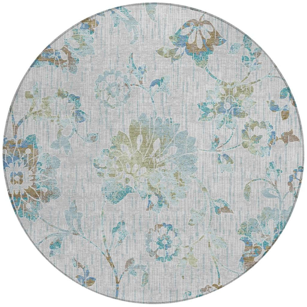 8' Silver And Gray Round Floral Washable Indoor Outdoor Area Rug Homeroots Outdoor