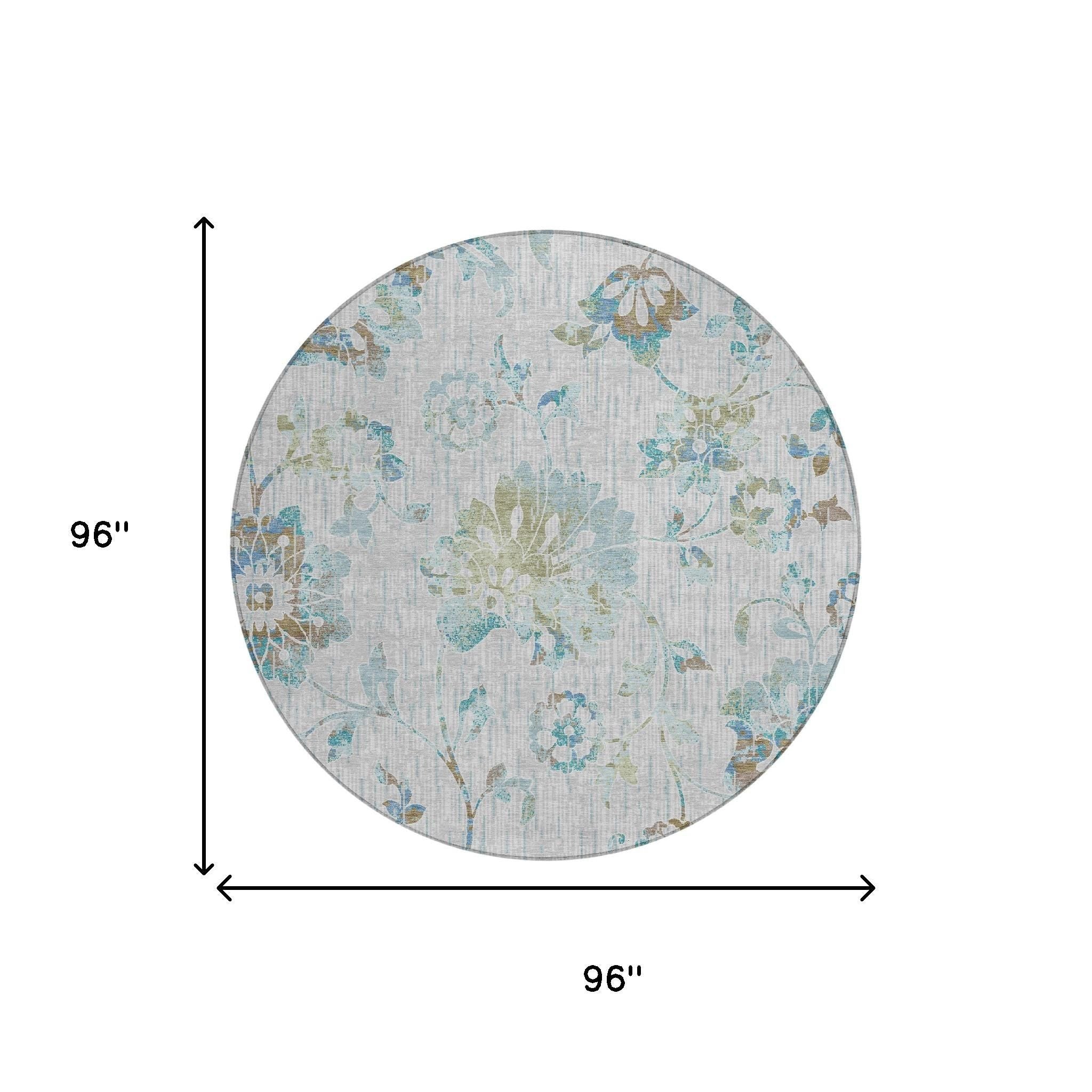 8' Silver And Gray Round Floral Washable Indoor Outdoor Area Rug Homeroots Outdoor