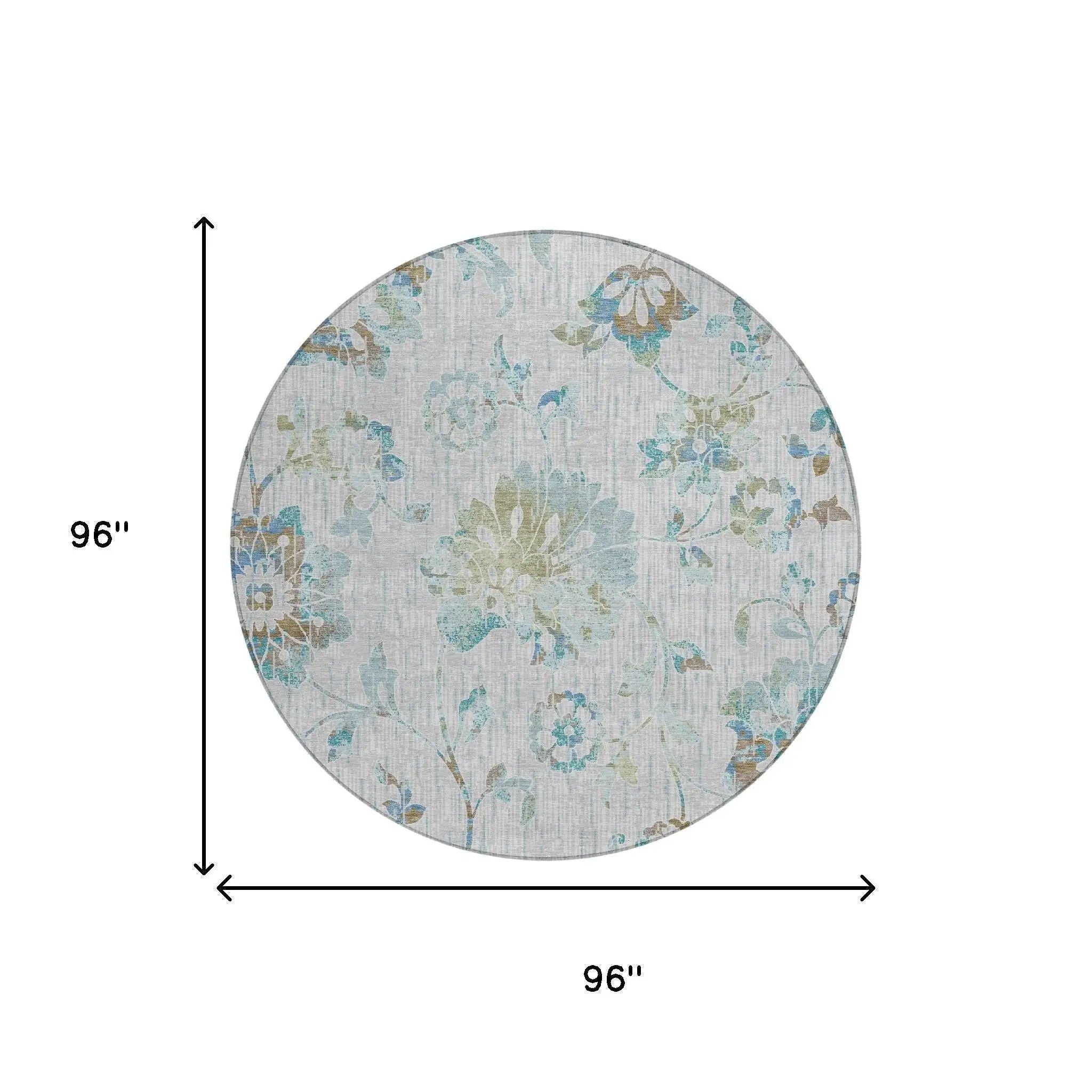 8' Silver And Gray Round Floral Washable Indoor Outdoor Area Rug Homeroots Outdoor