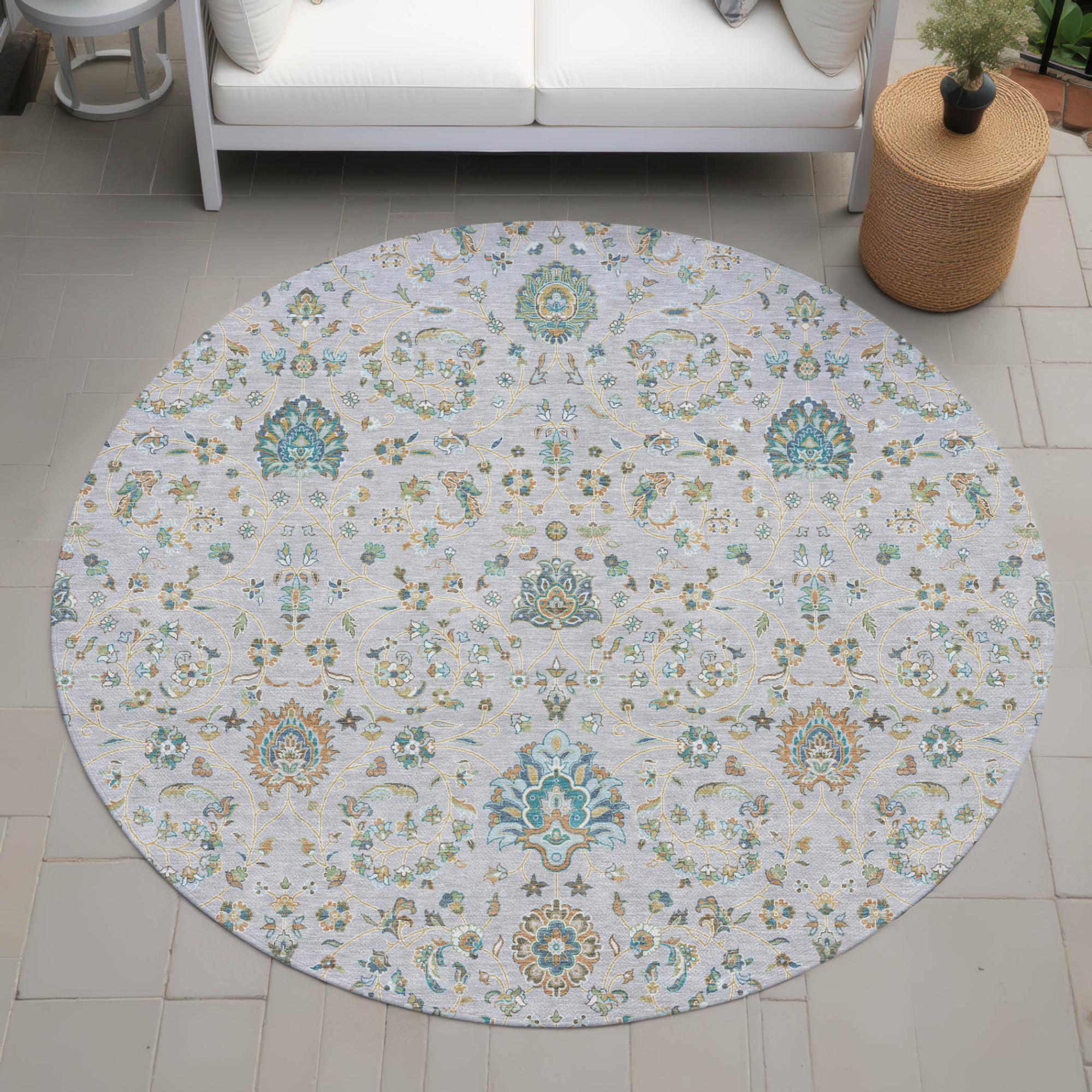 8' Silver And Gray Round Floral Washable Indoor Outdoor Area Rug Homeroots Outdoor