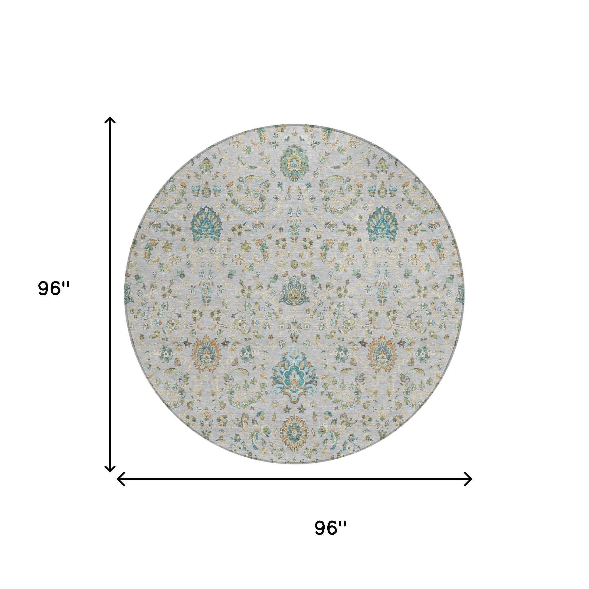 8' Silver And Gray Round Floral Washable Indoor Outdoor Area Rug Homeroots Outdoor