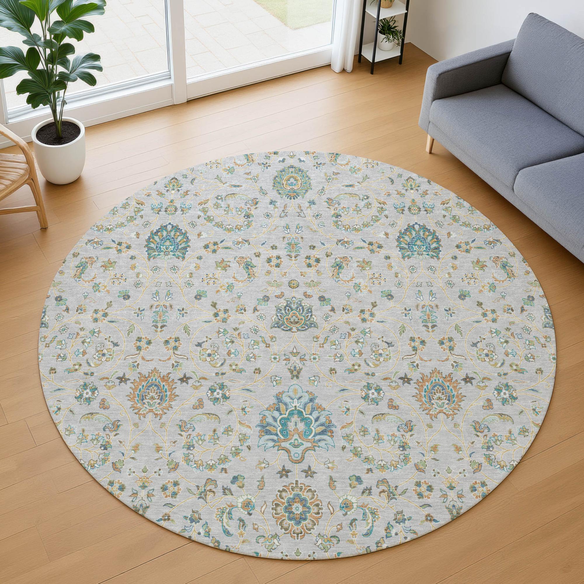 8' Silver And Gray Round Floral Washable Indoor Outdoor Area Rug Homeroots Outdoor