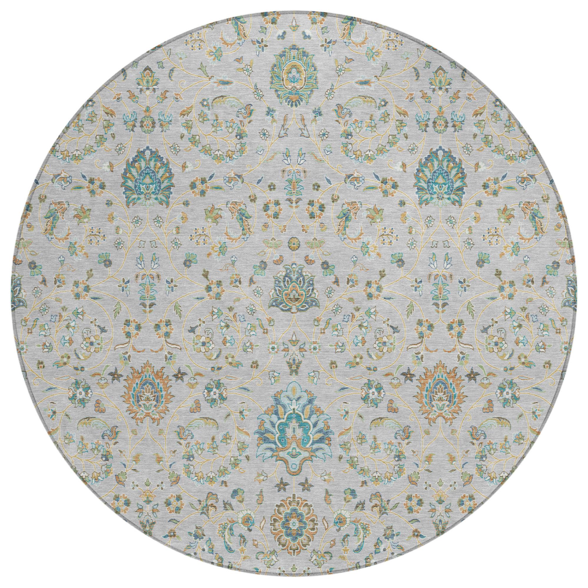 8' Silver And Gray Round Floral Washable Indoor Outdoor Area Rug Homeroots Outdoor