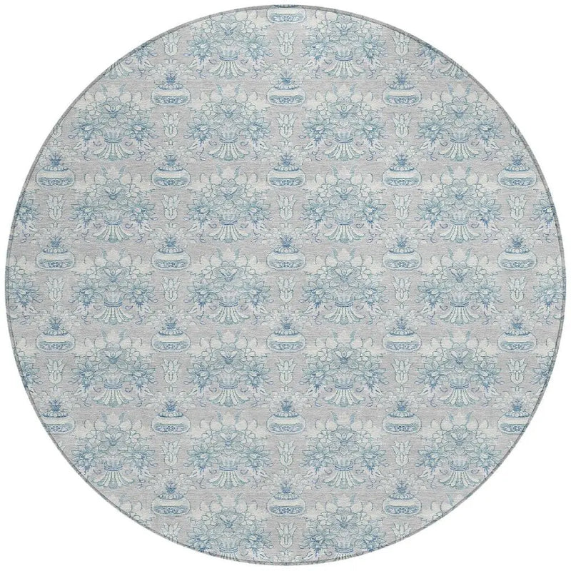 8' Silver And Gray Round Floral Washable Indoor Outdoor Area Rug Homeroots Outdoor